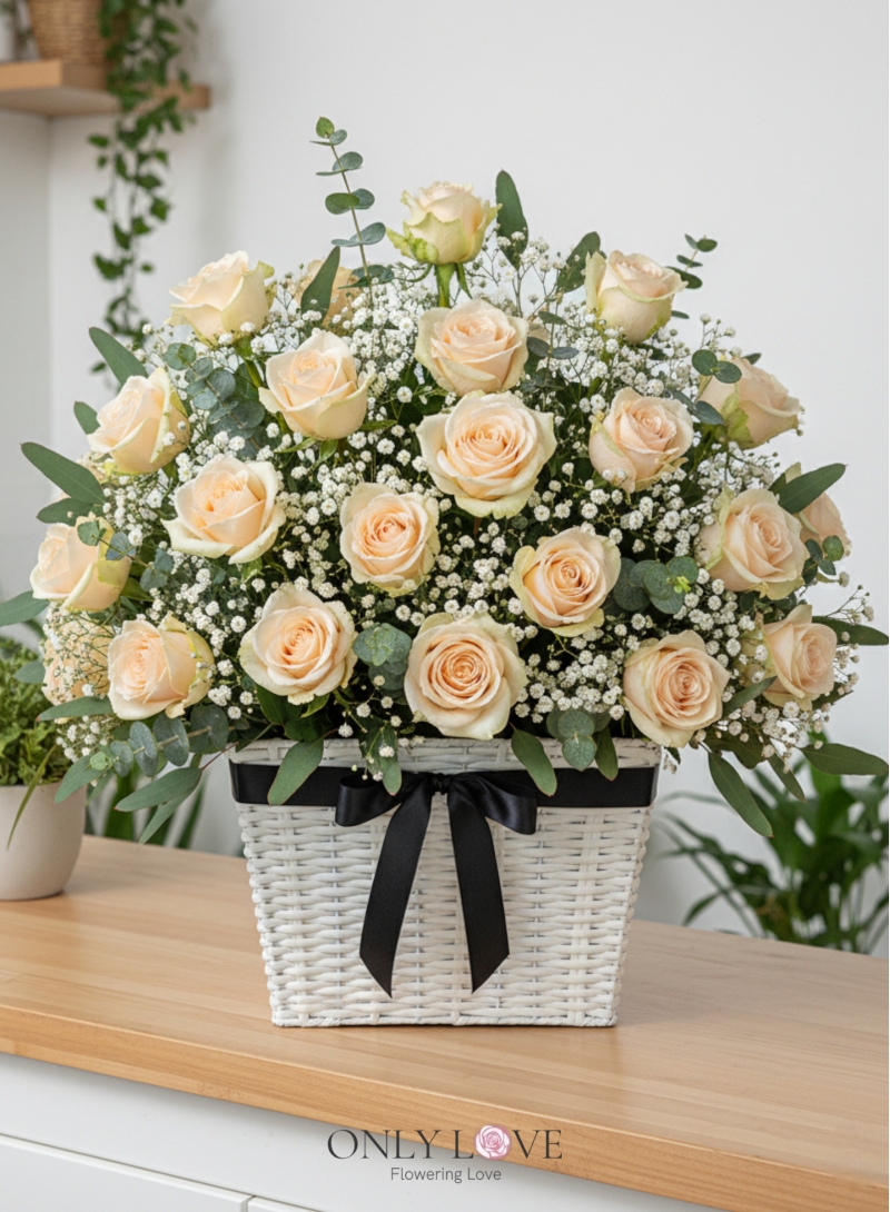 B74 Champagne Roses Flower Basket