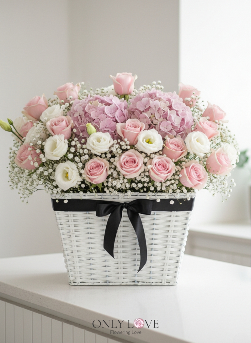 B76 Roses, Eustoma & Hygrangea Basket