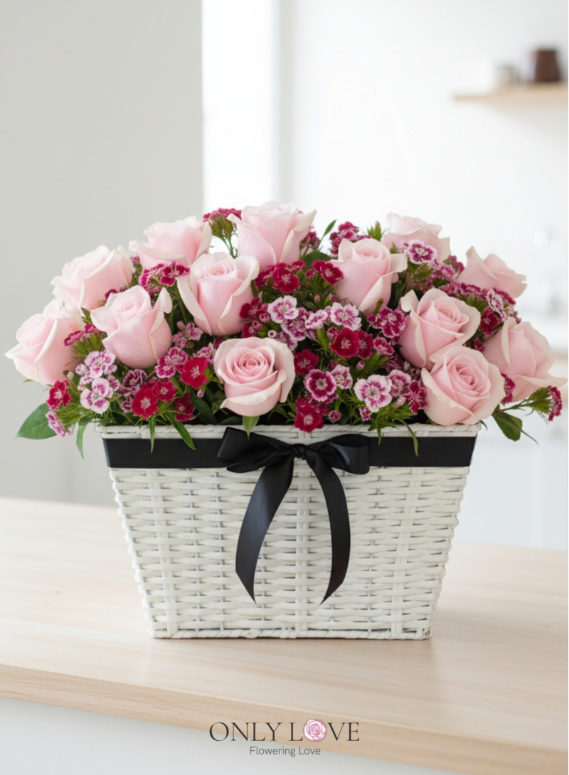 B75 Roses & Sweet William Flower Basket