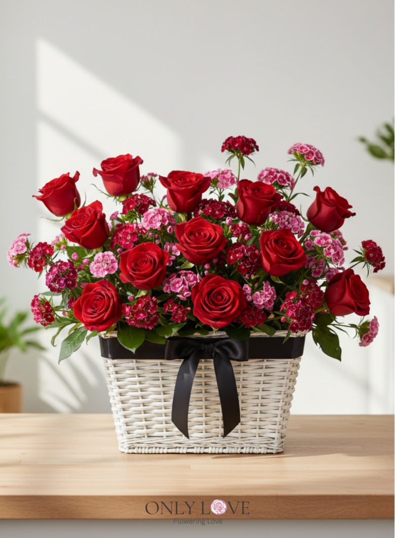 B77 Roses & Sweet William Flower Basket