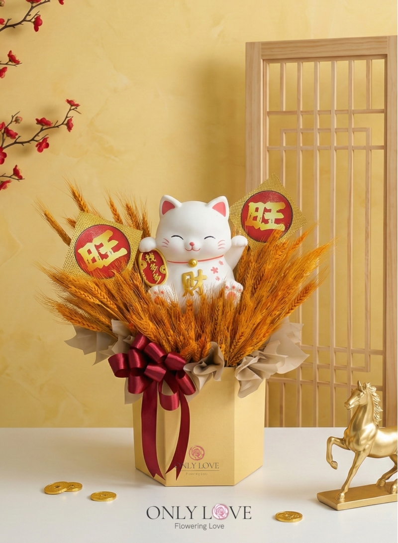 FS89 Golden Dried Wheat Lucky Cat Bloom Box