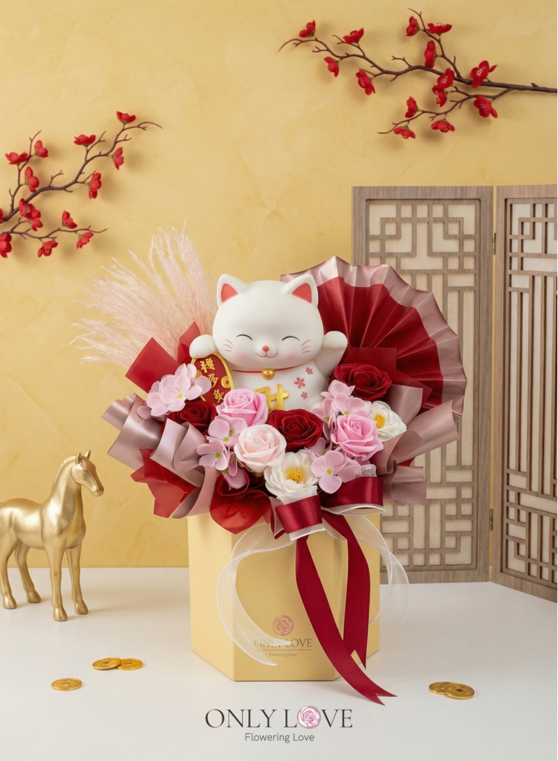 FS65 Artificial Soap Flowers Lucky Cat Bloom Box