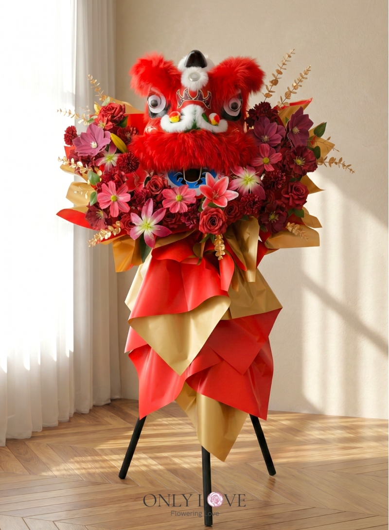 FS63 Lion Dance Artificial Flowers Wooden Stand