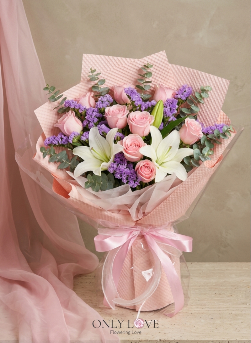 VT068 Enchanted Blush Rose Lilies Bouquet