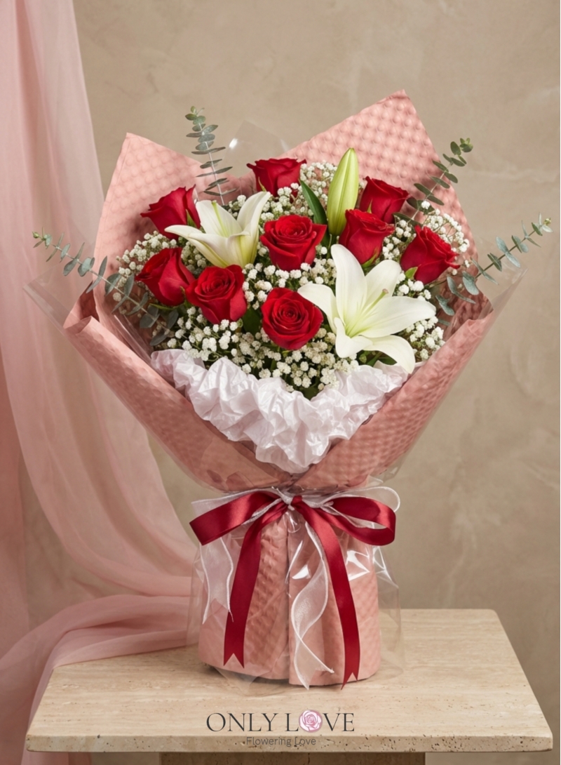 VT070 Enchanted Blush Rose Lilies Bouquet