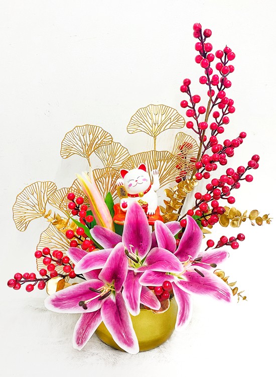 AB04 Fortune Cat Artificial Flower Golden Vase
