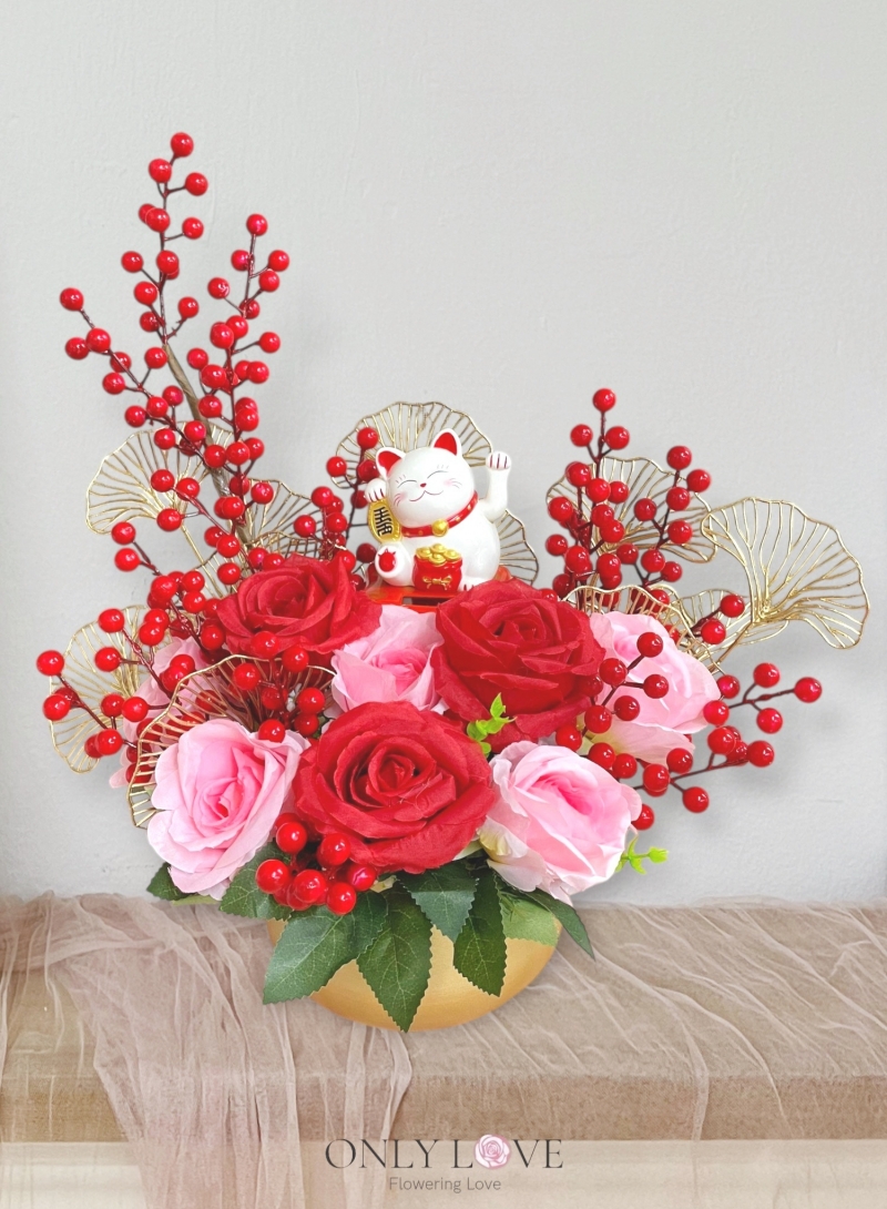 AB19 Fortune Cat Artificial Flower Golden Vase