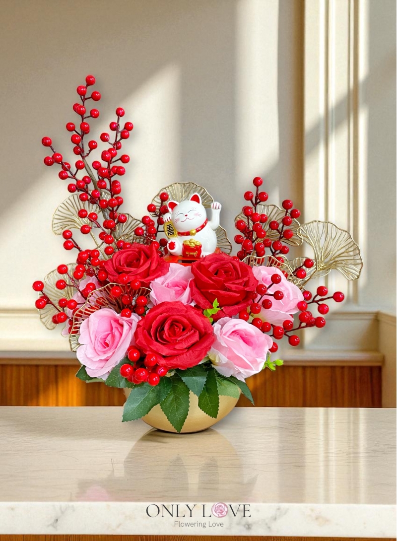 AB19 Fortune Cat Artificial Flower Golden Vase