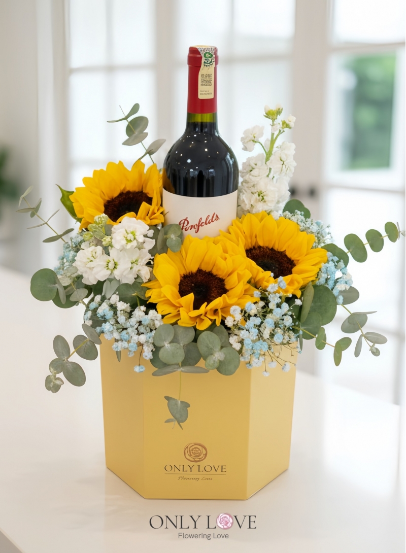 BB074 Sunflower Red Wine Bloom Box