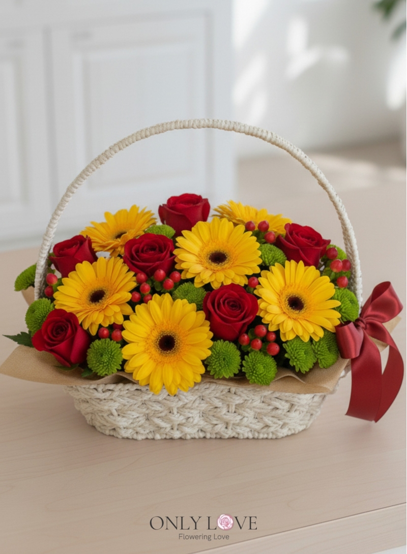 B34 Gerbera & Roses Flower Basket