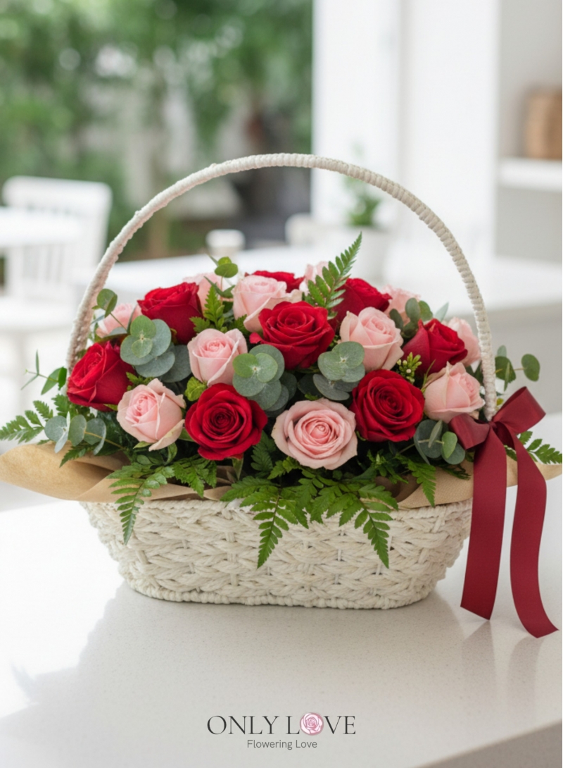 B13 Mixed Color Roses Flower Basket