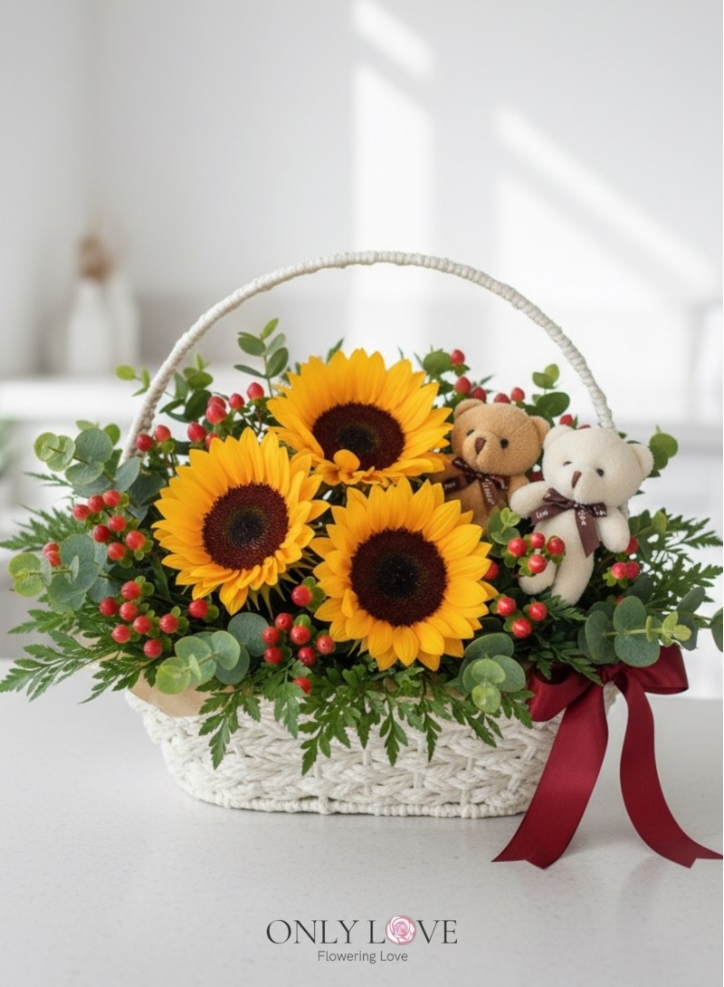 B22 Sunflower Teddy Bear Flower Basket