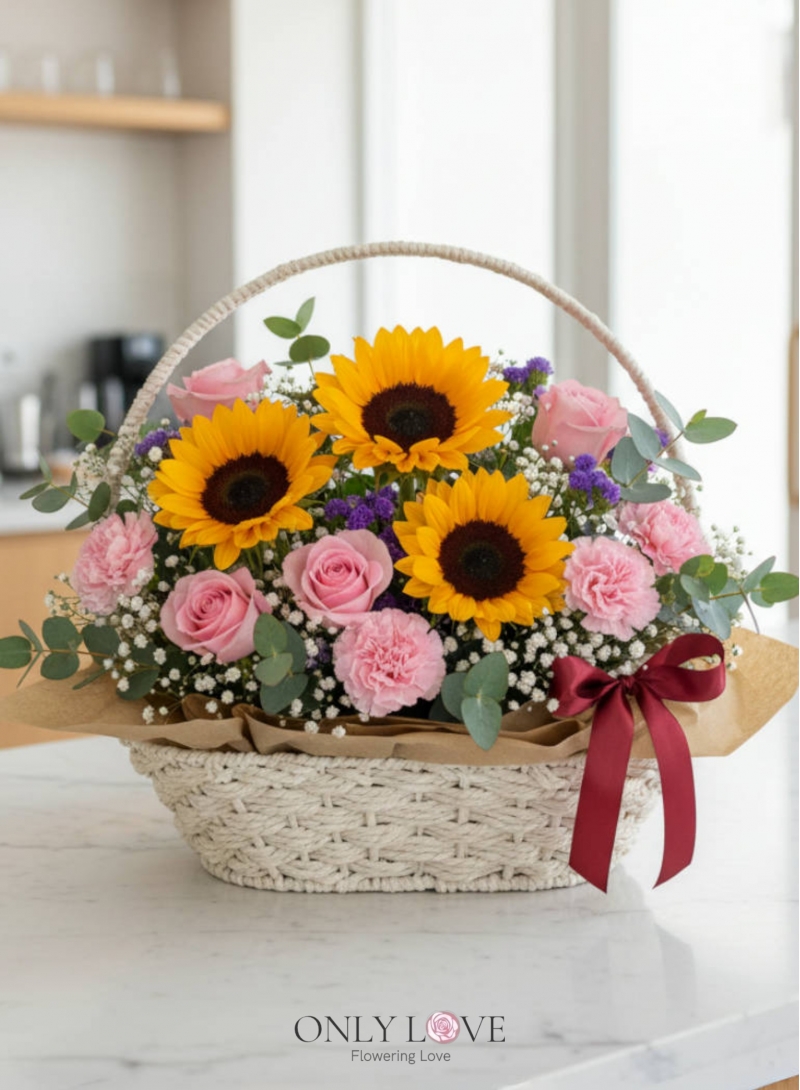 MD003 Carnation, Sunflower & Rose Flower Basket