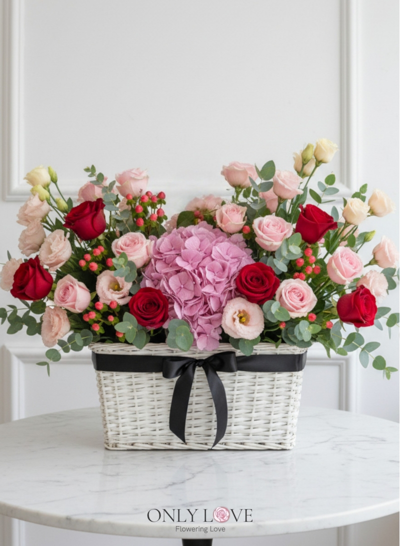B12 Rose, Eustoma & Hydrangea Flower Basket