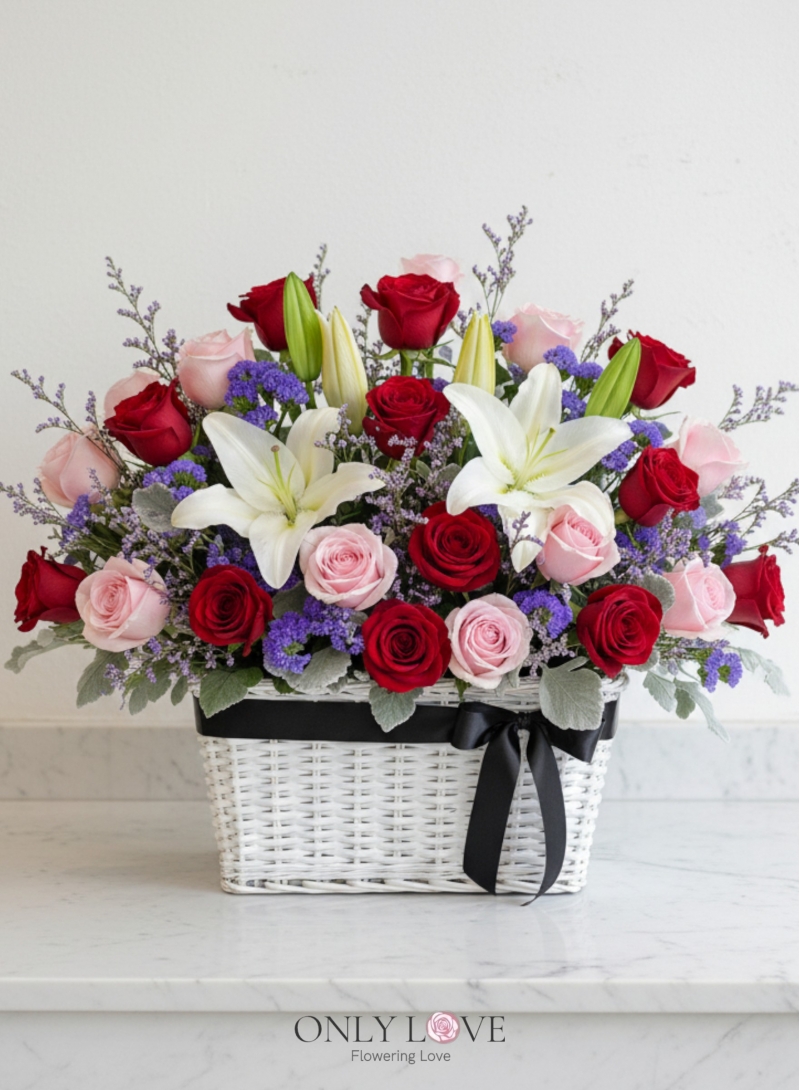 B47 Rose & Lilies Flower Basket