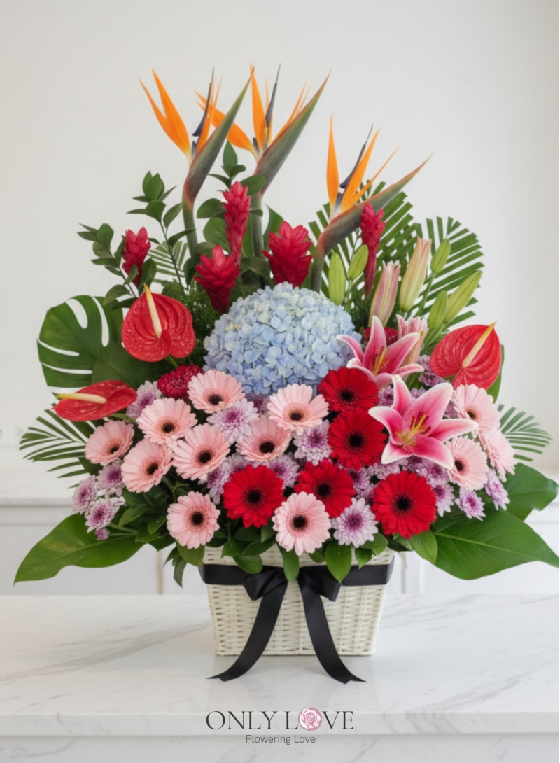 B38 Tropical Gerbera Lilies Anthurium Flower Basket
