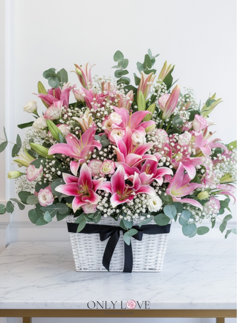 B46 Lilies Eustoma Flower Basket