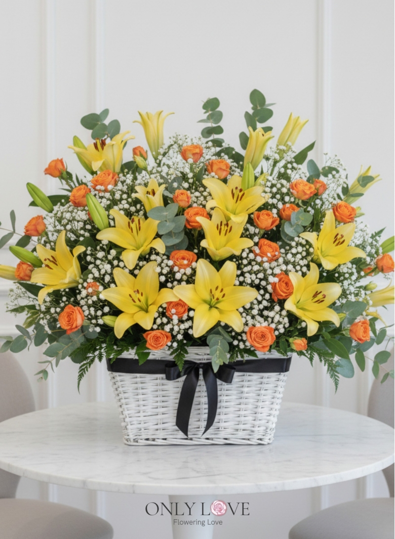 B48 Lilies Roses Flower Basket