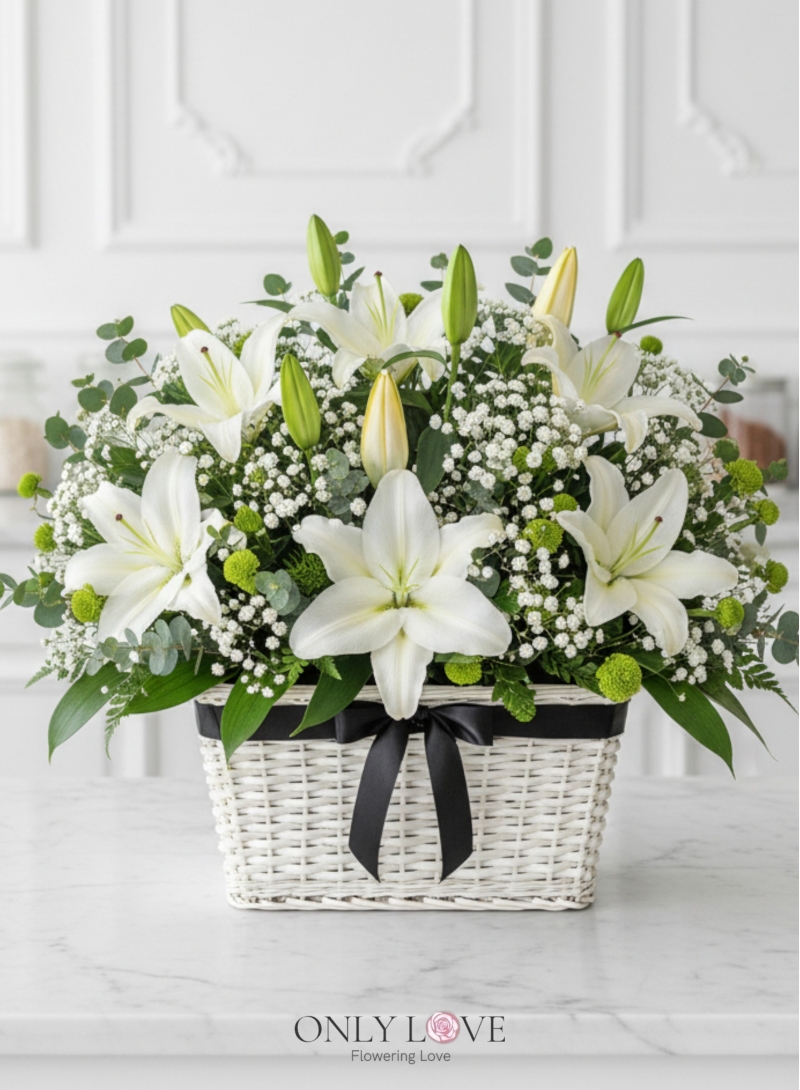 B48 White Casablanca Lilies Basket