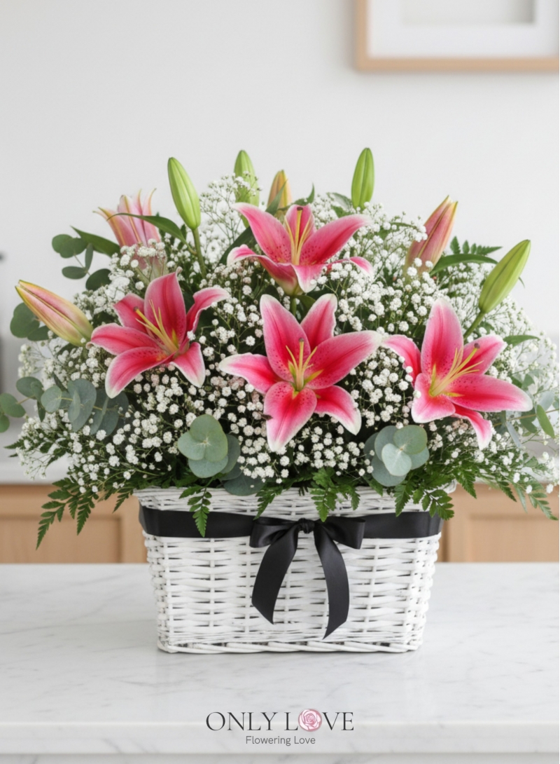 B51 Pink Stargazer Lilies Basket