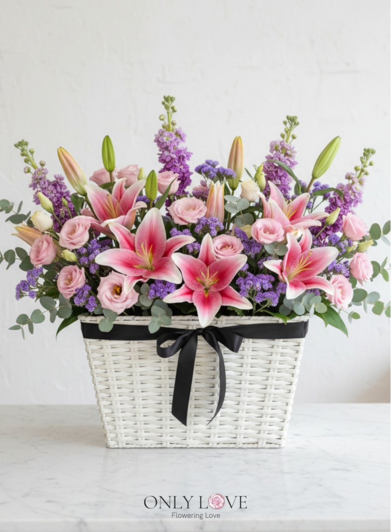 B53 Lilies Eustoma Matthiola Flower Basket