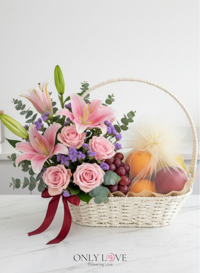 F37 Lilies Roses & Fruits Basket